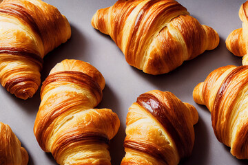 Flat lay :Fresh baked croissants , Warm Fresh Buttery Croissants and Rolls.