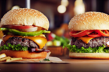 delicious homemade burgers of beef, cheese and vegetables