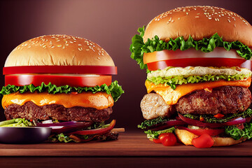 delicious homemade burgers of beef, cheese and vegetables