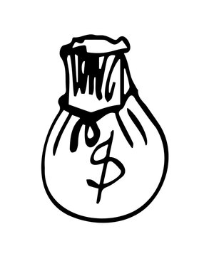 A bag of money. Vector black-and-white hand-drawn illustration. Clipart, sketch, sketch, doodle. Isolated object on a white background.