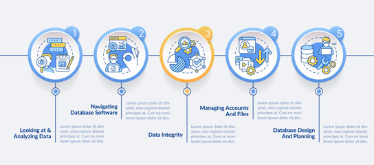 Database management skills circle infographic template. System analyst. Data visualization with 5 steps. Editable timeline info chart. Workflow layout with line icons. Lato Bold, Regular fonts used © bsd studio
