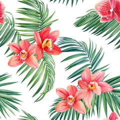  Tropical Seamless pattern. Orchids Flowers. Palm leaves, exotic plants. Jungle botanical illustration © Hanna