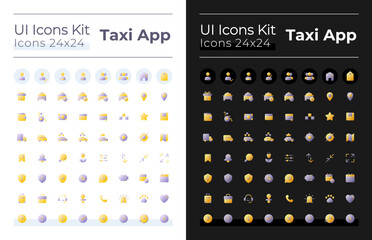 Taxi service flat gradient two-color ui icons set for dark, light mode. Ordering car online. Vector isolated RGB pictograms. GUI, UX design for web, mobile. Montserrat Bold, Light fonts used