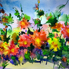 Fototapeta na wymiar Abstract bright colored decorative background . Floral pattern handmade . Beautiful tender romantic bouquet of summer wild flowers , made in the technique of watercolors from nature.