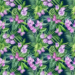  Seamless pattern, violet Flower. Palm leaves, tropical exotic plants. jungle design. Botanical drawing © Hanna
