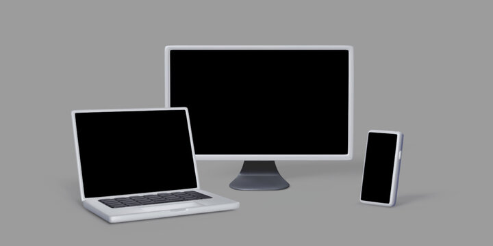 Set of 3D gadgets with black empty screen for banner and template usage. Realistic render of laptop mobile phone and PC monitor.