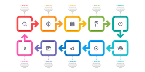 Infographic colorful 10 boxes. Business workflow process.