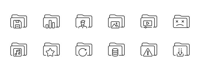 Obraz na płótnie Canvas File set icon. Create, folder, warning, data set, delete, configure, save, protect, favorites, star, important, player, usic, gallery, download, paid information, image, liked. Online concept.