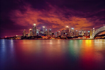Fototapeta na wymiar Panorama Skyline from Sydney in Australia at night Wallpaper, Generative AI Illustration