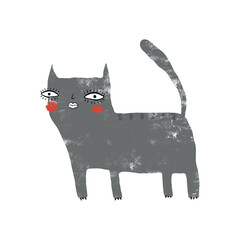 Happy Black Kitty on a White Background. Simple Hand Drawn Vector Illustartion with Smiling Cat.Funny Nursery Art ideal for Cat Lovers, Card, Poster, Wall Art. Domestic Tiger Print.