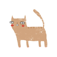 Happy Red Kitty on a White Background. Simple Hand Drawn Vector Illustartion with Smiling Cat.Funny Nursery Art ideal for Cat Lovers, Card, Poster, Wall Art. Safari Animal. Domestic Tiger Print.