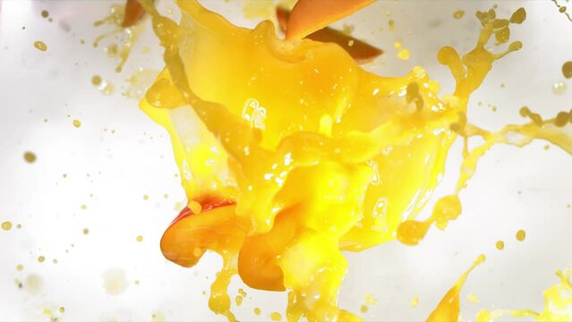 Slow Motion of Explosion Mango Slices and Burst Juice