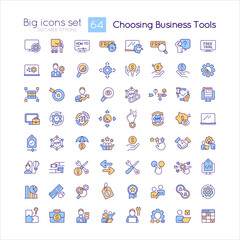 Choosing business tools RGB color icons set. Software selection. Brand development. Isolated vector illustrations. Simple filled line drawings collection. Editable stroke. Quicksand-Light font used