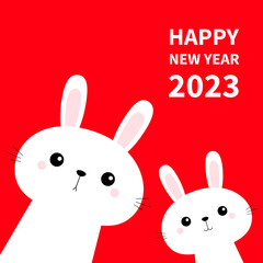 Happy Chinese New Year 2023. The year of the rabbit. Two bunny set in the corner. Friends forever. Cute cartoon kawaii funny baby kids character. Farm animal. Red background. Flat design