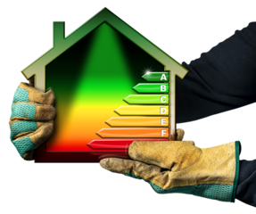 House energy efficiency rating. Manual worker wit protective work gloves holding a small model house with the Energy Performance Chart. Isolated on white or transparent background, png.