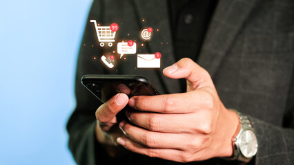 Business using smartphone Notifications from messages, emails, inboxes, shopping, calls. Electronic communications graphic concept.