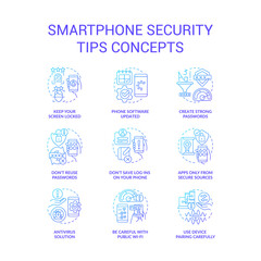 Fototapeta na wymiar Smartphone security tips blue gradient concept icons set. Mobile phone protection. Cybersecurity idea thin line color illustrations. Isolated symbols. Roboto-Medium, Myriad Pro-Bold fonts used