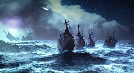 Sailing old ship instorm sea - night sky with crescent in the clouds. Pirate ghost ship