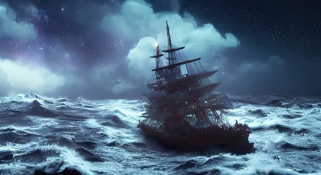 Sailing old ship instorm sea - night sky with crescent in the clouds. Pirate ghost ship