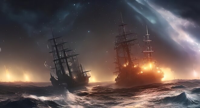Sailing old ship instorm sea - night sky with crescent in the clouds. Pirate ghost ship