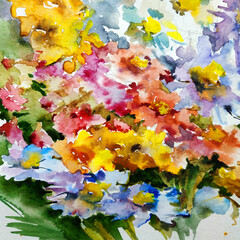 Abstract bright colored decorative background . Floral pattern handmade . Beautiful tender romantic bouquet of summer wild flowers , made in the technique of watercolors from nature.