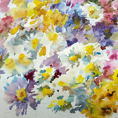 Watercolor colorful bright textured abstract background handmade . Mediterranean landscape . Painting of meadow flower , made in the technique of watercolors from nature