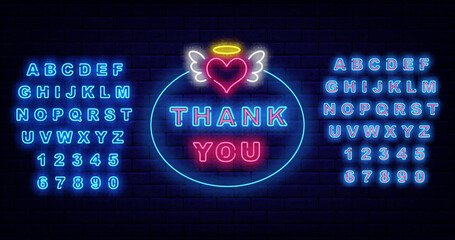 Thank you neon signboard on brick wall. Saint heart with wings. Greeting card with gratitude. Vector stock illustration