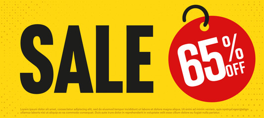 Sale template with 65 percent off price tag. Marketing discount, super selling. Finance bargain on weekend, end of season. Sale banner or poster label vector illustration