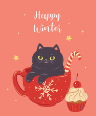 Cute postcard with a cat in a mug .Vector graphics.