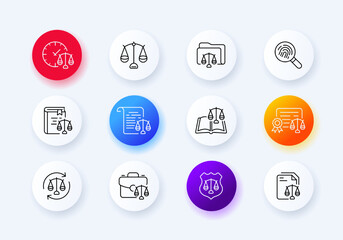 Scales set icon. Folder, weigh, weight, search, fingerprint, analysis, book, balance, deliberate, ponder, reset, time, sale, canter, protection, shield, security. Neomorphism style. Vector line icon