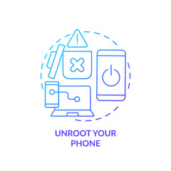 Unroot your phone blue gradient concept icon. Smartphone safety. Devices security. Remove hacker abstract idea thin line illustration. Isolated outline drawing. Myriad Pro-Bold font used