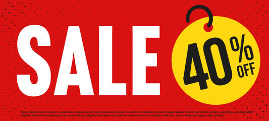 Red sale banner. 40 percent off. Marketing discount offer promotion. Weekend or season price clearance. Special shop commercial offer. Poster or label with price tag design vector illustration