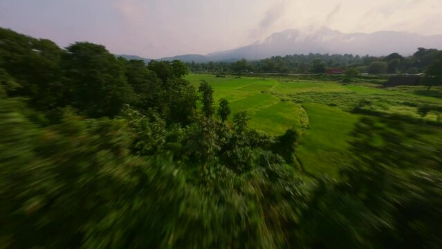 Aerial FPV view of a landscape valley in Manor, Maharashtra, India.