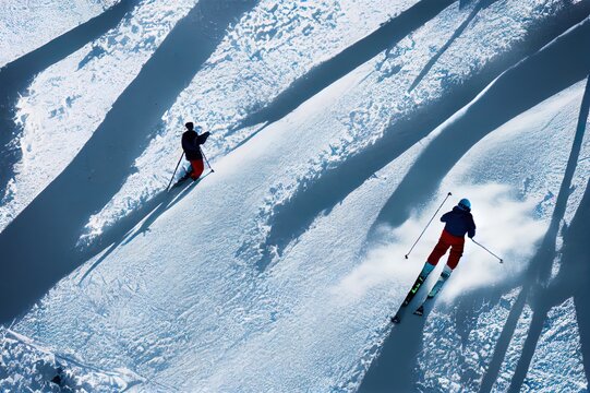 Ai generated images of people skiing. Ski in winter season, mountains, squipments. Extreme winter sports, snowy mountain
