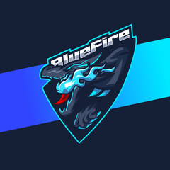 dragon mascot character design for esport logo gaming and sport with blue fire