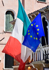 Flags of Italy and European union, Venice, Italy