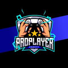 pro player esport logo character design, with hand holding stick game controller