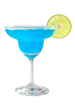Blue Margarita cocktail with lime and salt on transparent background. Cocktails drink concept. (PNG File)