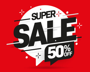 Super sale 50 percent off discount sticker template vector illustration. Sale label with half price clearance for purchase. Online shopping event and retail marketing promotion - obrazy, fototapety, plakaty