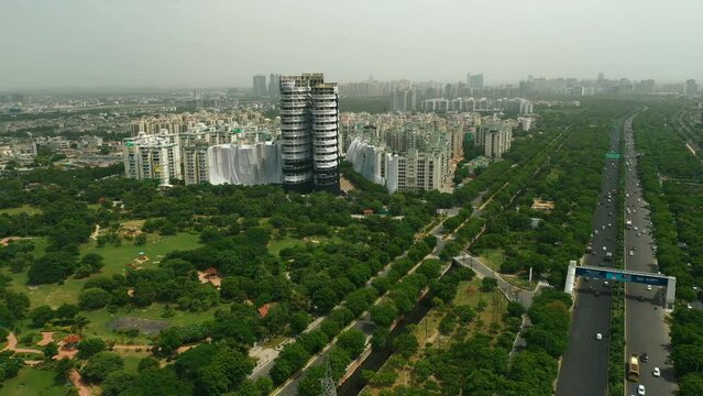 Noida, India - 26 October 2022:  Aerial view of the Noida twin tower before demolition.