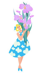 A young woman is holding a bouquet of beautiful flowers. Realistic flowers, branches, leaves vector image.