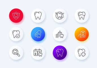 Dentist set icon. Tooth, injection, anesthesia, toothpaste, mouth, enamel, artificial limb, doctor, brush, diploma. Health care concept. Color neomorphism style. Vector line icon for Business
