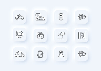 Filling station. Fuel, petrol, gas station, gasoline, water, electricity, eco, electric car, green, energy, charge, drop, liquid, parking sign, lightning. Technology concept. Neomorphism