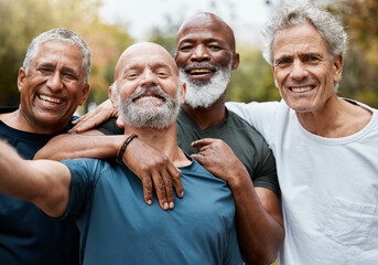 Senior, man group and fitness selfie at park together for elderly health or wellness for happiness...