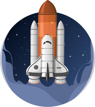 Spaceship Rocket Shuttle Launch to The Dark Starry Sky in Outer Space for Travel Exploration Mission on Round Background Isolated Vector Illustration, Good for Science Astronomy Content 