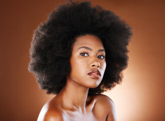 Beauty, black woman with natural hair and skincare portrait, cosmetic advertising and wellness with studio background. Natural cosmetics, healthy skin and glow, makeup with hair care and afro mockup.