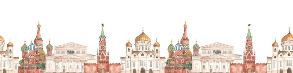 Fototapeta na wymiar Watercolor seamless border with the sights of Russia, the Bolshoi Theatre, the Kremlin, the Cathedral, the Temple in Moscow on a white background