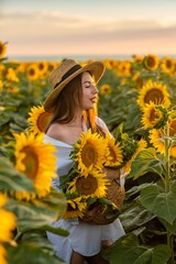 A girl in a hat on a beautiful field of sunflowers against the sky in the evening light of a summer sunset. Sunbeams through the flower field. Natural background.