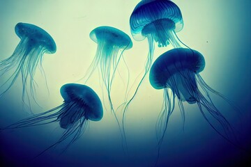 Ai generated image of jellyfish. Jellyfish swims in deep blue ocean sea. Medusa neon jellyfish