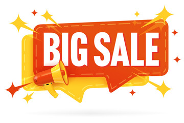 Sale sticker. Big sale announcement. Promotion discount sticker or label speech bubble design with megaphone vector illustration isolated on white background